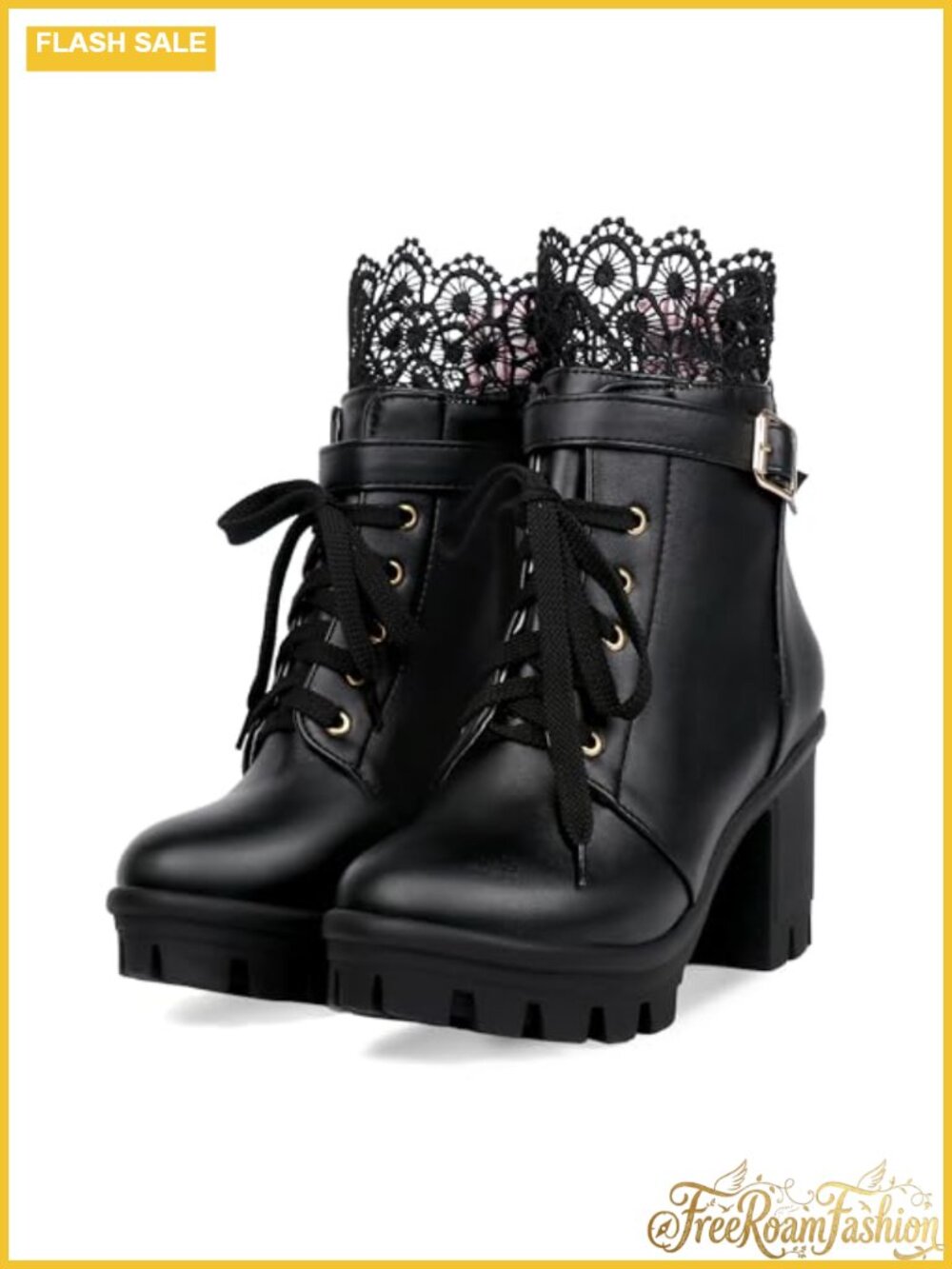 Women's Lace Combat Boot Platform Goth Ankle Boots Faux Leather Chunky Heel